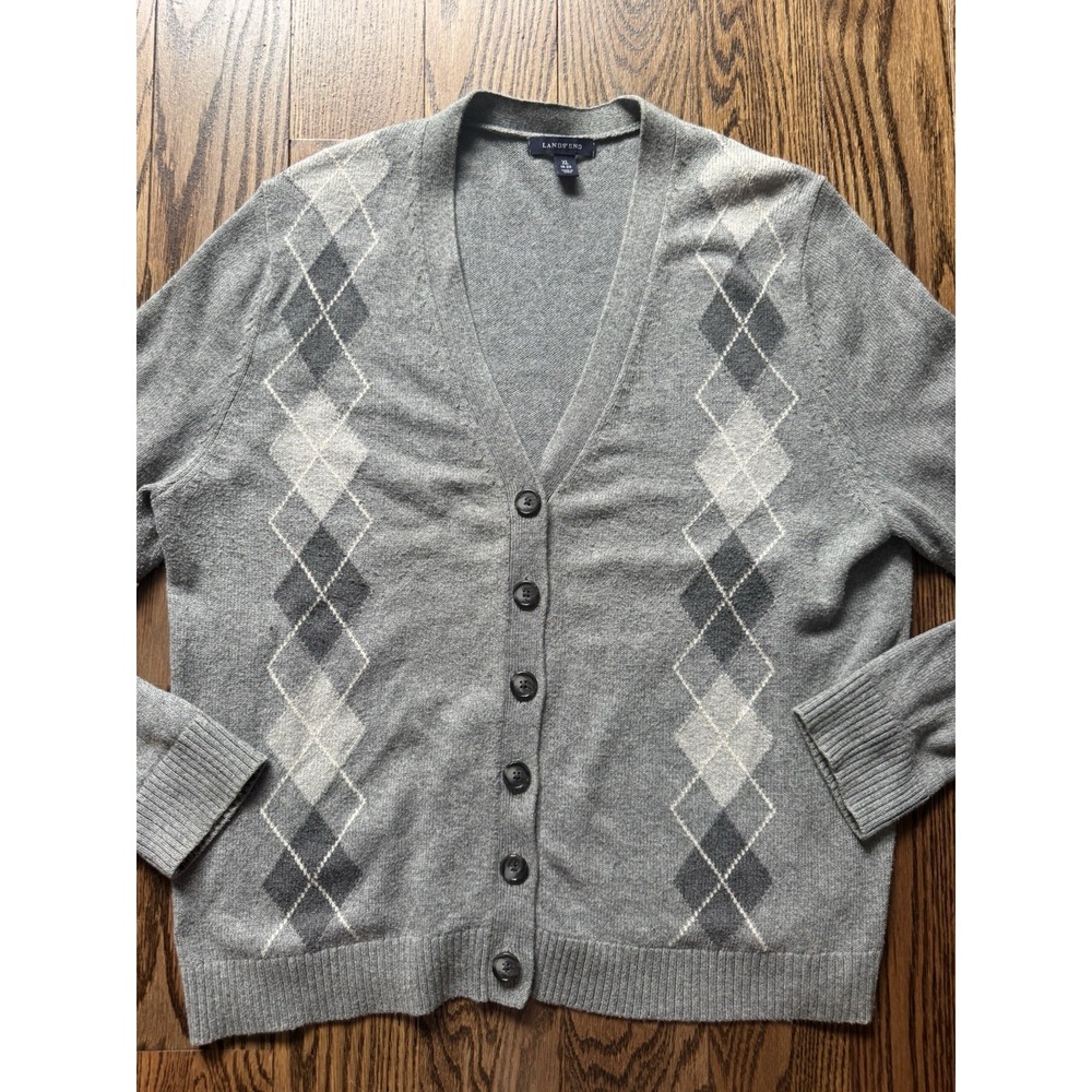 Lands' End Women XL Gray Argyle Cardigan Sweater Wool Blend Button Front